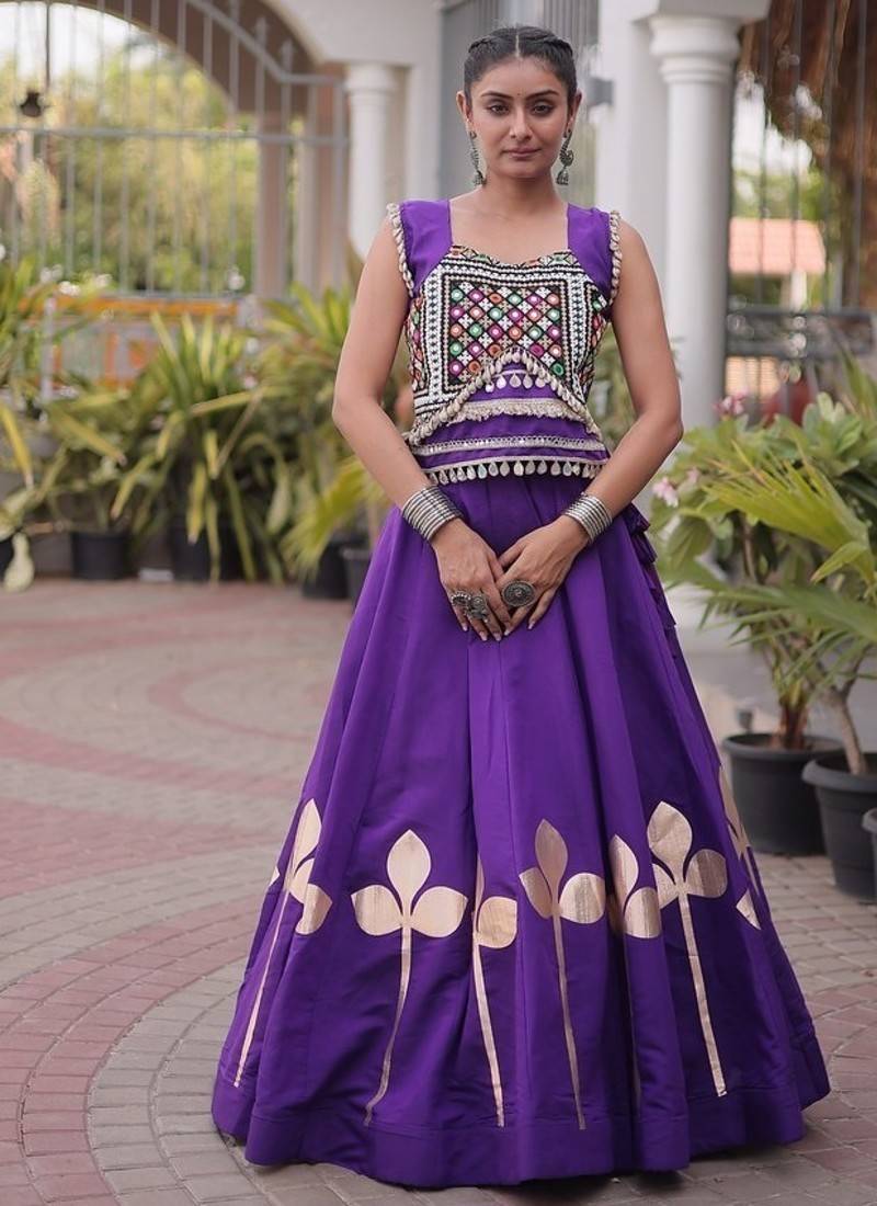 Navratri Roman Silk Lehenga Choli with Pan Patti Gota & Mirror Lace Work - free size