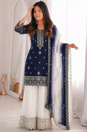 navy blue color beautiful embroidery and sequence work silk blend kurti palazzo set