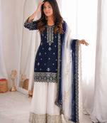 navy blue color beautiful embroidery and sequence work silk blend kurti palazzo set