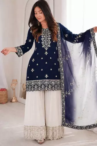 navy blue color beautiful embroidery and sequence work silk blend kurti palazzo set