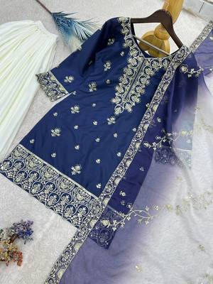 navy blue color beautiful embroidery and sequence work silk blend kurti palazzo set 3