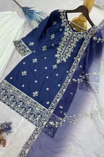navy blue color beautiful embroidery and sequence work silk blend kurti palazzo set