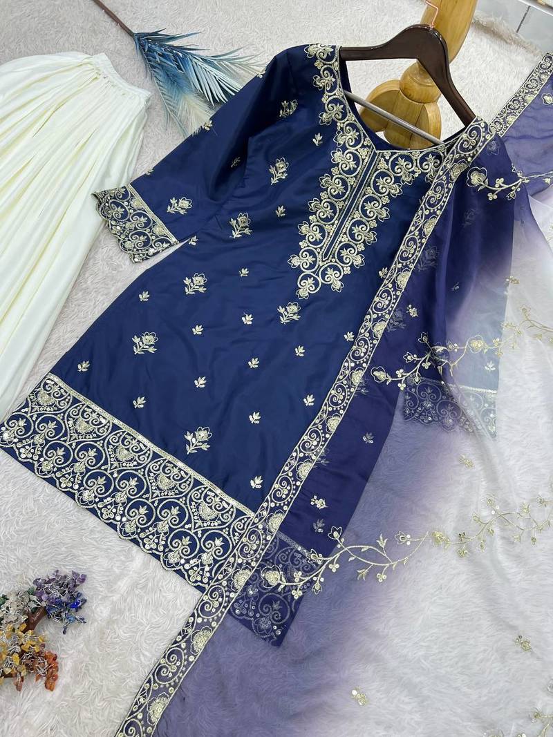 navy blue color beautiful embroidery and sequence work silk blend kurti palazzo set