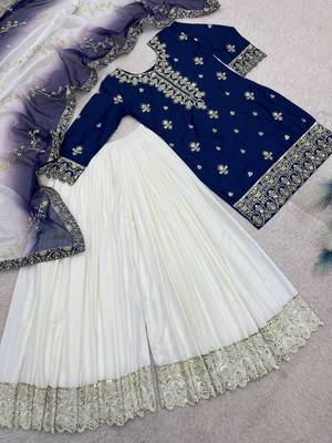 navy blue color beautiful embroidery and sequence work silk blend kurti palazzo set 4
