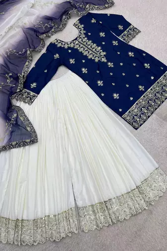 navy blue color beautiful embroidery and sequence work silk blend kurti palazzo set