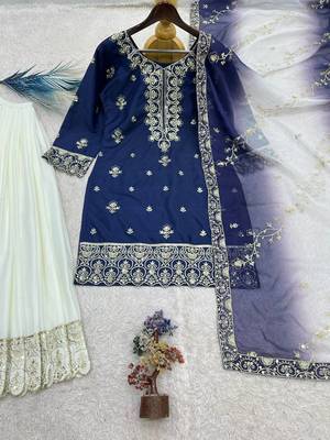 navy blue color beautiful embroidery and sequence work silk blend kurti palazzo set 5
