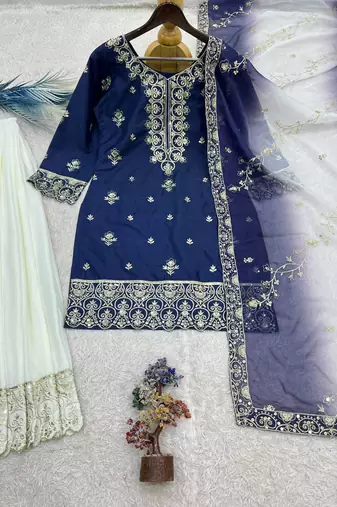 navy blue color beautiful embroidery and sequence work silk blend kurti palazzo set