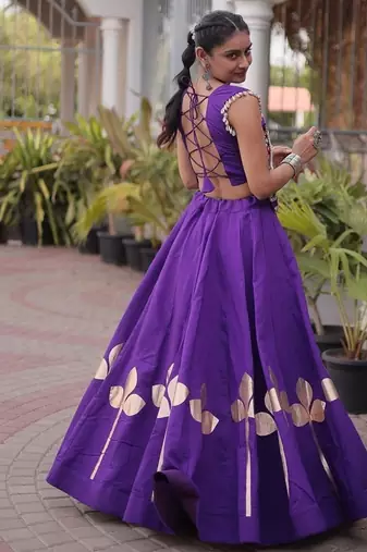Navratri Roman Silk Lehenga Choli with Pan Patti Gota & Mirror Lace Work - free size