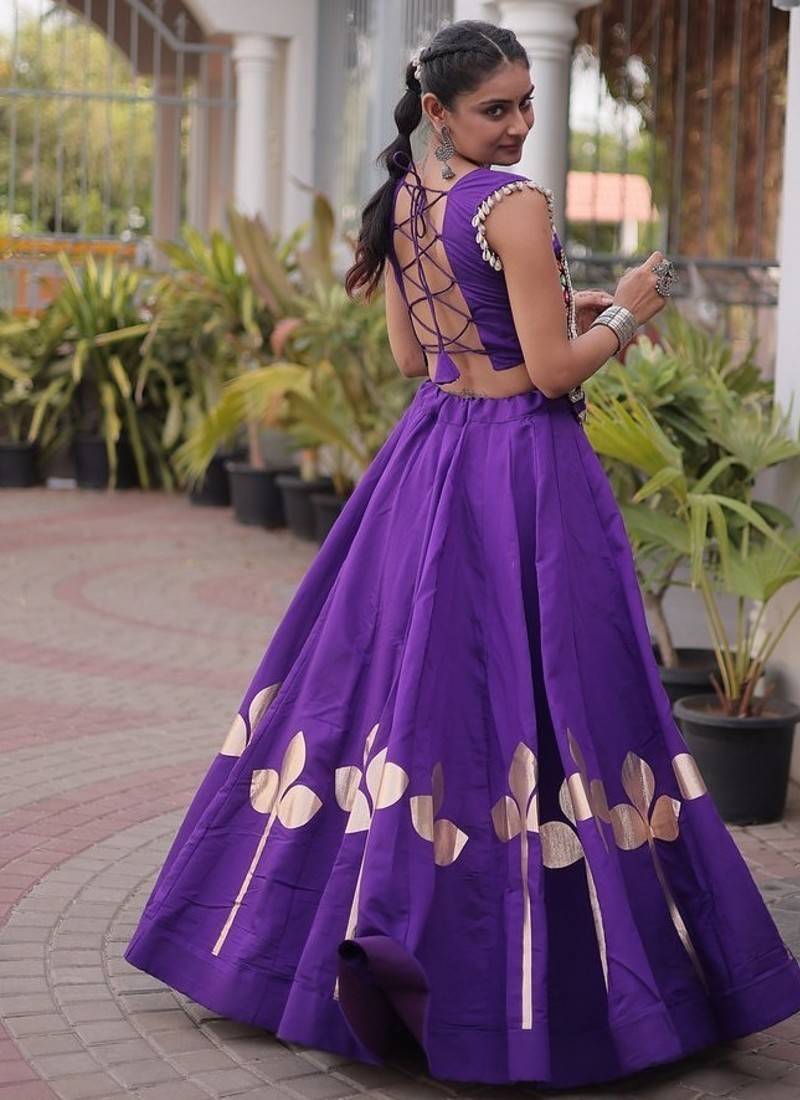 Navratri Roman Silk Lehenga Choli with Pan Patti Gota & Mirror Lace Work - free size