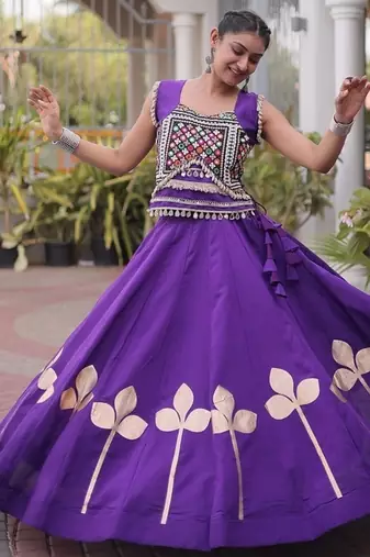Navratri Roman Silk Lehenga Choli with Pan Patti Gota & Mirror Lace Work - free size