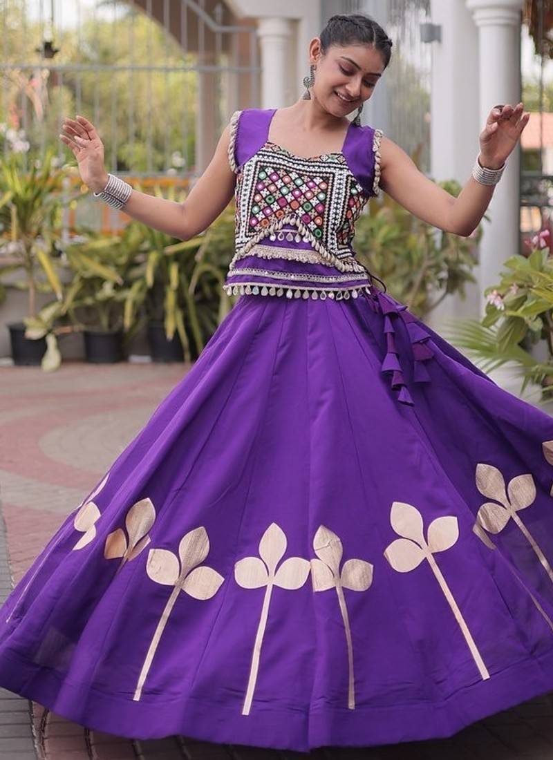 Navratri Roman Silk Lehenga Choli with Pan Patti Gota & Mirror Lace Work - free size