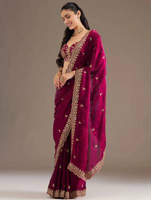 Catching maroon tissue silk zari and sequins embroidered indian latest design traditional saree 5