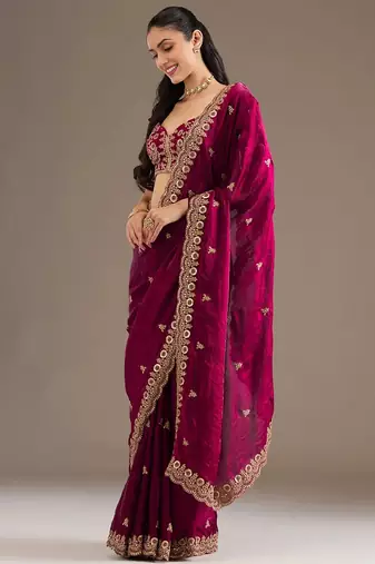 Catching maroon tissue silk zari and sequins embroidered indian latest design traditional saree