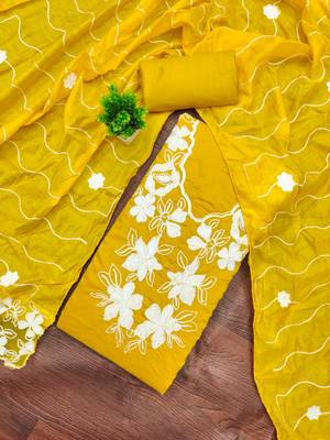 women's yellow unstitched roman silk dress material with embroidered dupatta 1