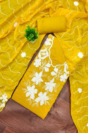 women's yellow unstitched roman silk dress material with embroidered dupatta