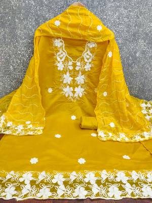 women's yellow unstitched roman silk dress material with embroidered dupatta 2