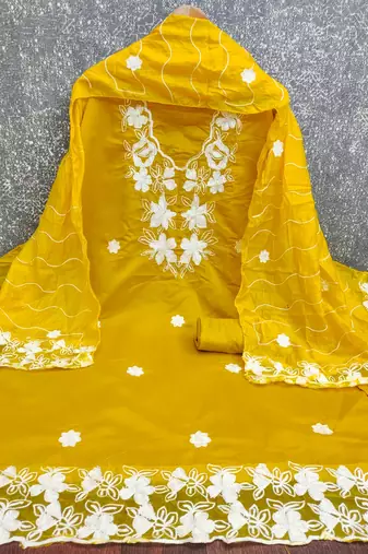 women's yellow unstitched roman silk dress material with embroidered dupatta