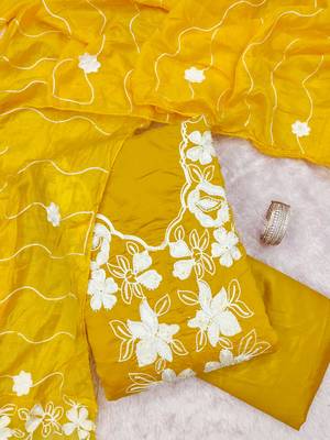 women's yellow unstitched roman silk dress material with embroidered dupatta 3