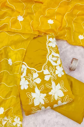 women's yellow unstitched roman silk dress material with embroidered dupatta