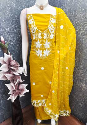 women's yellow unstitched roman silk dress material with embroidered dupatta 4