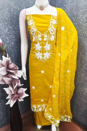 women's yellow unstitched roman silk dress material with embroidered dupatta