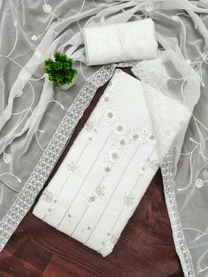women's white unstitched georgette dress material with embroidered dupatta 1