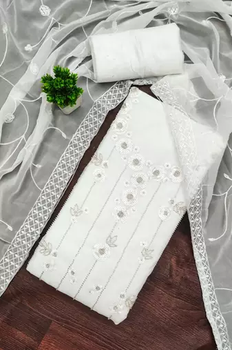 women's white unstitched georgette dress material with embroidered dupatta