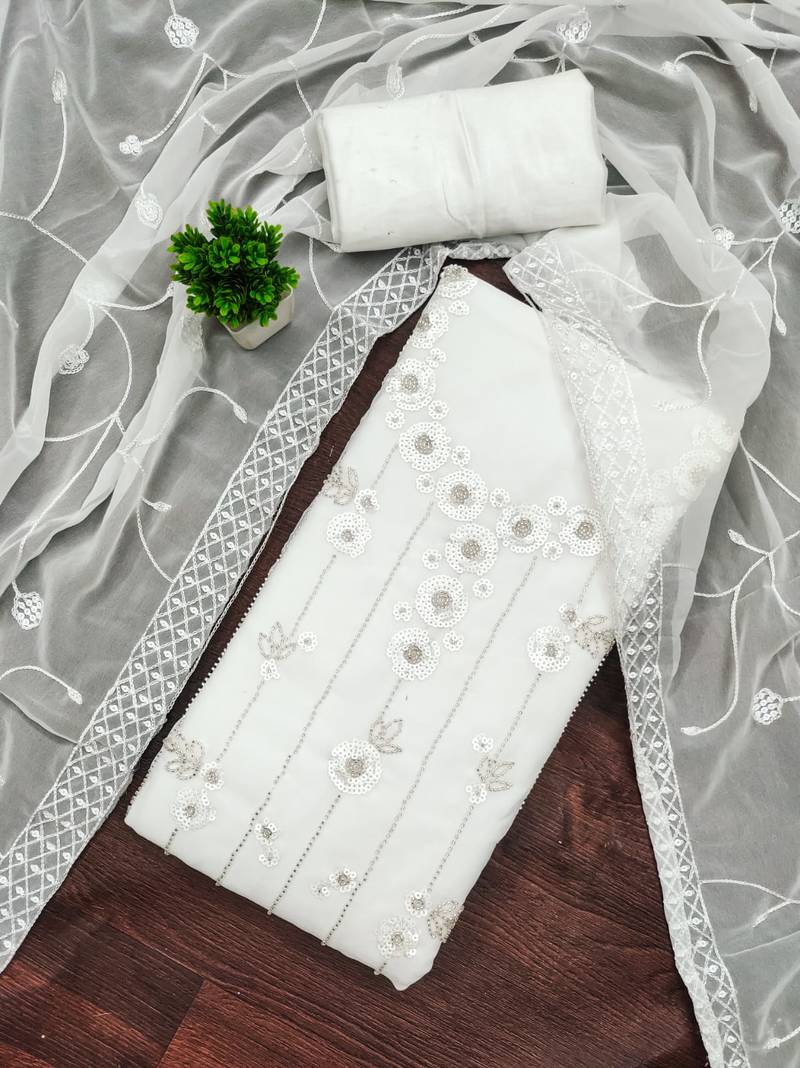 women's white unstitched georgette dress material with embroidered dupatta