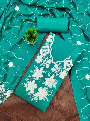 women's sea green unstitched roman silk dress material with embroidered dupatta 1