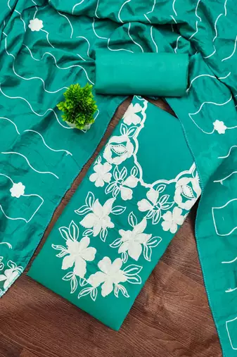 women's sea green unstitched roman silk dress material with embroidered dupatta