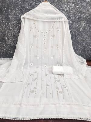 women's white unstitched georgette dress material with embroidered dupatta 2