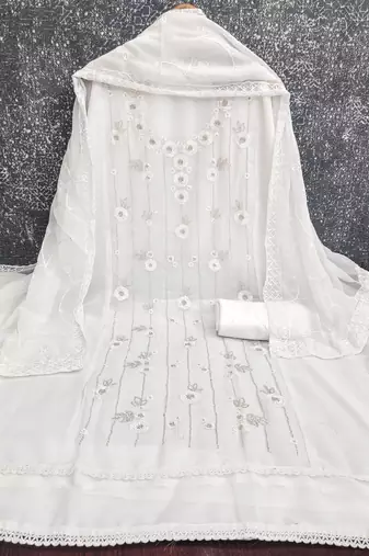 women's white unstitched georgette dress material with embroidered dupatta