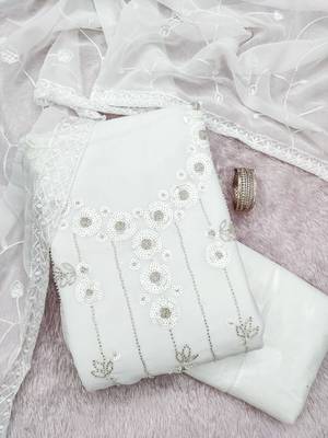 women's white unstitched georgette dress material with embroidered dupatta 3