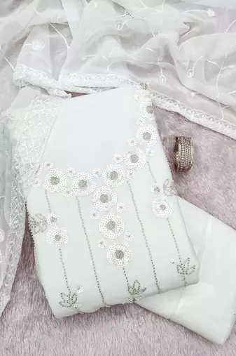 women's white unstitched georgette dress material with embroidered dupatta