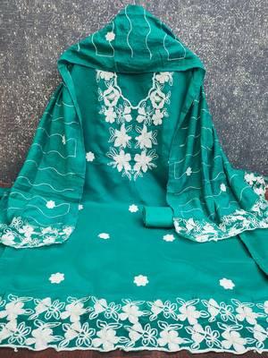 women's sea green unstitched roman silk dress material with embroidered dupatta 2