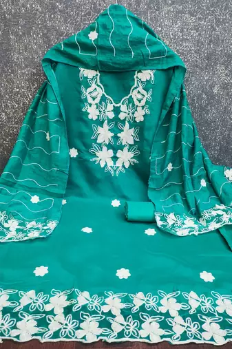 women's sea green unstitched roman silk dress material with embroidered dupatta