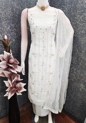 women's white unstitched georgette dress material with embroidered dupatta 4
