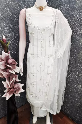 women's white unstitched georgette dress material with embroidered dupatta