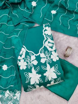 women's sea green unstitched roman silk dress material with embroidered dupatta 3