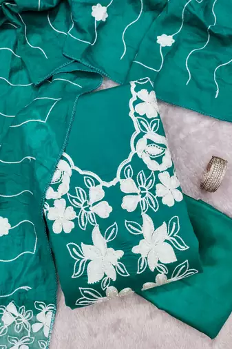 women's sea green unstitched roman silk dress material with embroidered dupatta