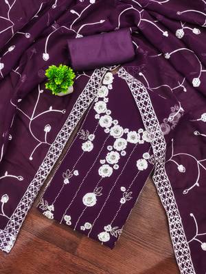 women's purple unstitched georgette dress material with embroidered dupatta 1