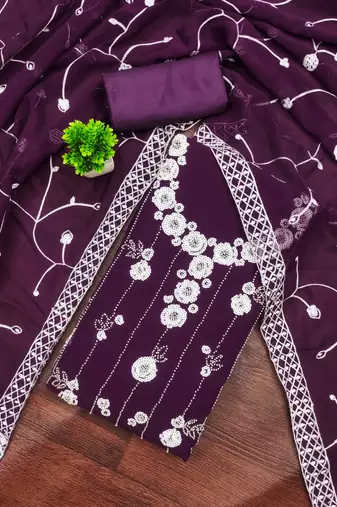 women's purple unstitched georgette dress material with embroidered dupatta