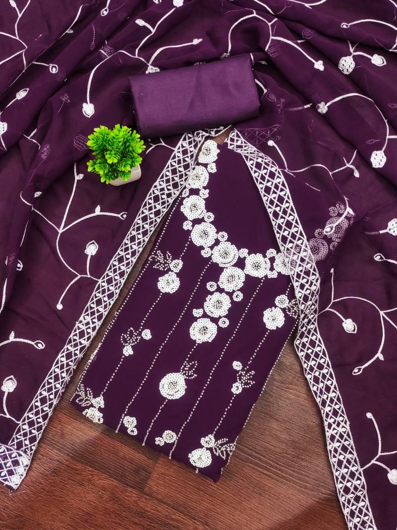women's purple unstitched georgette dress material with embroidered dupatta