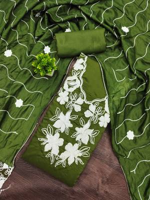 women's green unstitched roman silk dress material with embroidered dupatta 1