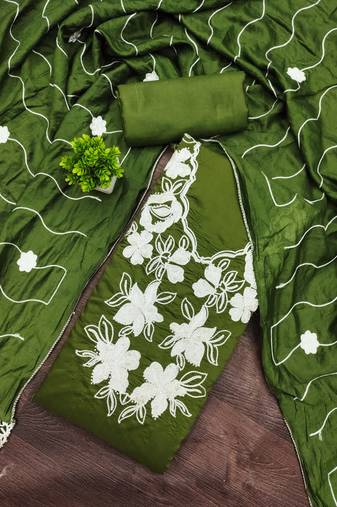 women's green unstitched roman silk dress material with embroidered dupatta