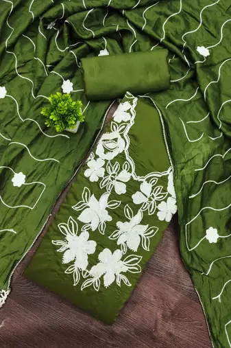 women's green unstitched roman silk dress material with embroidered dupatta