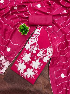 women's magenta unstitched roman silk dress material with embroidered dupatta 1