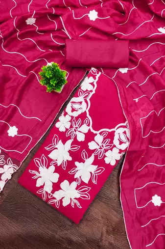 women's magenta unstitched roman silk dress material with embroidered dupatta