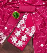 women's magenta unstitched roman silk dress material with embroidered dupatta
