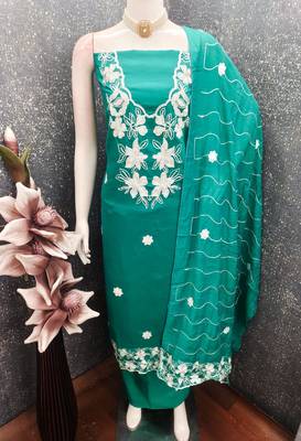 women's sea green unstitched roman silk dress material with embroidered dupatta 4